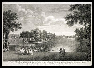 Blick auf den See vom Mittelweg im Garten von West Wycombe, Buckinghamshire, graviert von William Woollett (1735-85) von William Hannan