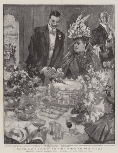 Madame Pattis Hochzeit, die Braut schneidet die Hochzeitstorte an von William Hatherell