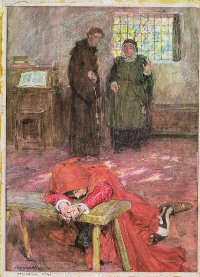 Romeo in der Zelle von Pater Laurence, Illustration zu "Romeo und Julia" Akt III, Szene 3 von William Hatherell