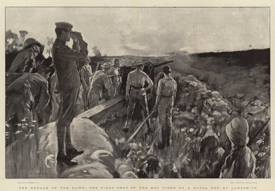 Der Herold der Morgendämmerung, der erste Schuss des Tages, abgefeuert von einer Marinekanone in Ladysmith von William Hatherell