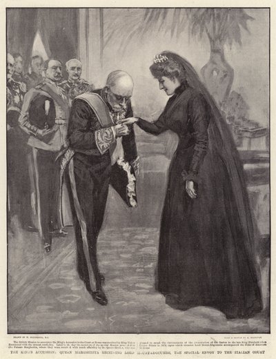 Der Königseintritt, Königin Margherita empfängt Lord Mount-Edgcumbe, den Sondergesandten am italienischen Hof von William Hatherell