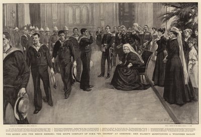 Die Königin und die Benin-Helden, die Schiffsbesatzung der H.M.S. St. George in Osborne, Ihre Majestät befragt einen verwundeten Matrosen von William Hatherell