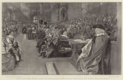 Vor seinen Standesgenossen verurteilt, Gesamtansicht der Königlichen Galerie im House of Lords während des Prozesses von Earl Russell wegen Bigamie von William Hatherell