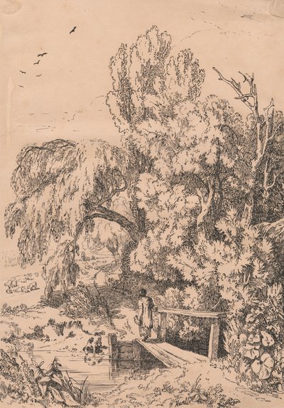 Landschaft mit Bäumen, Mädchen überquert Fußbrücke von William Havell