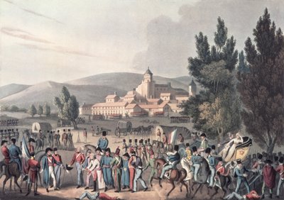 Schlacht von Vittoria, 1813, Gefangene werden gebracht, geätzt von I. Clarke, aquatintiert von M. DuBourg von William Heath