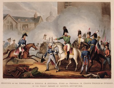 Treffen der Kaiser von Russland und Österreich, König von Preußen und Kronprinz von Schweden auf dem Großen Platz von Leipzig, 18. Oktober 1813, aus 