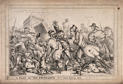 Robert Peel als Boxer, der Nachtwächter angreift, um sie durch die Polizei zu ersetzen. Radierung von Paul Pry (W. Heath). von William Heath