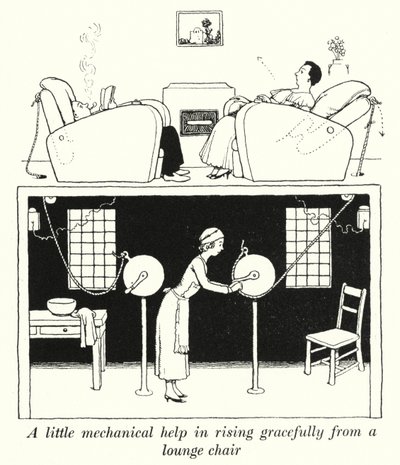 Ein wenig mechanische Hilfe, um anmutig aus einem Sessel aufzustehen (Lithografie) von William Heath Robinson
