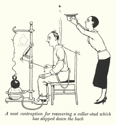 Eine ordentliche Vorrichtung, um einen Kragenknopf zu bergen, der nach hinten gerutscht ist von William Heath Robinson