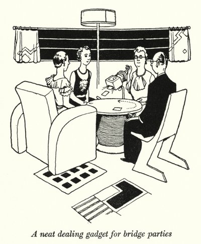 Ein praktisches Kartengebergerät für Bridge-Partys (Lithografie) von William Heath Robinson