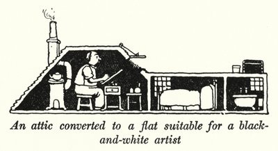Ein Dachboden, umgebaut zu einer Wohnung, geeignet für einen Schwarz-Weiß-Künstler (Lithografie) von William Heath Robinson