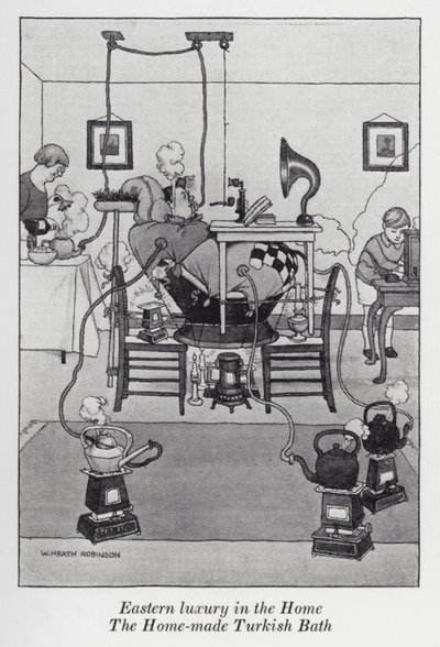 Östlicher Luxus im Heim, das selbstgemachte türkische Bad (Lithografie) von William Heath Robinson