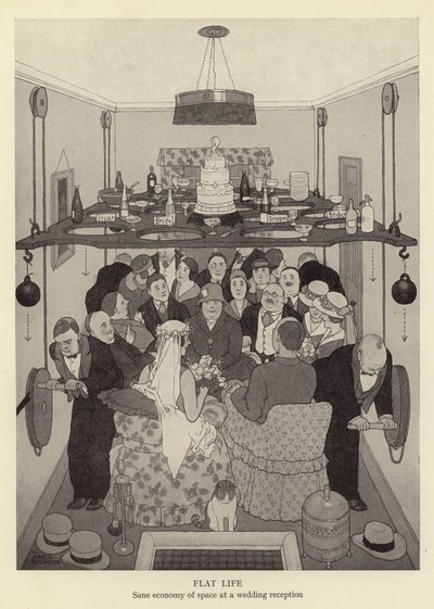Flaches Leben, vernünftige Raumnutzung bei einem Hochzeitsbankett von William Heath Robinson