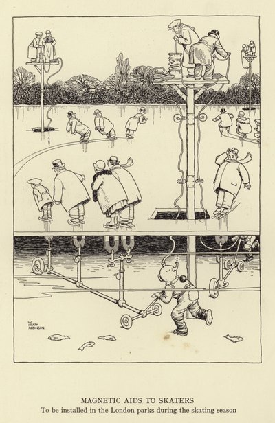 Magnetische Hilfen für Schlittschuhläufer, die während der Schlittschuhsaison in den Londoner Parks installiert werden sollen von William Heath Robinson