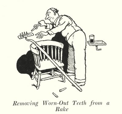 Abgenutzte Zähne von einem Rechen entfernen (Lithografie) von William Heath Robinson