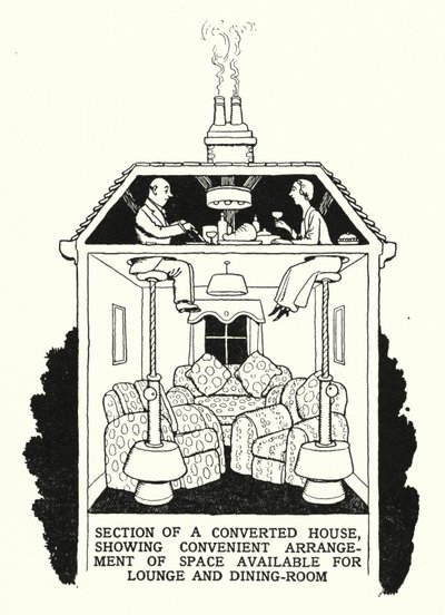 Abschnitt eines umgebauten Hauses, der die praktische Anordnung des verfügbaren Raums für Lounge und Esszimmer zeigt (Lithografie) von William Heath Robinson