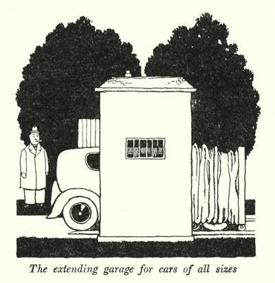 Die erweiterbare Garage für Autos aller Größen von William Heath Robinson