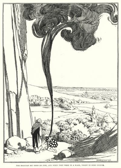 Der Magier setzte sie in Brand, und als sie in Flammen standen, warf er etwas Weihrauch hinein (Stich) von William Heath Robinson