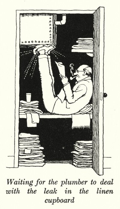 Warten auf den Klempner, um das Leck im Wäscheschrank zu beheben von William Heath Robinson