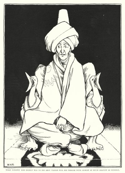 Was ihm sehr gefiel, war zu sehen, wie Abou Hassan seinen Thron fast so ernsthaft wie er selbst füllte (Gravur) von William Heath Robinson