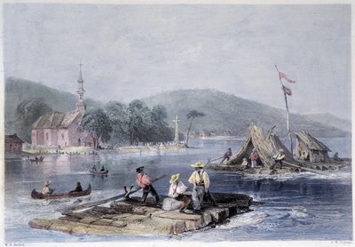 Siedlerflöße und Holztransport auf dem Lake of the Two Mountains - in „Canadian Scenery Illustrated“ von Bartlett W. H. von William Henry Bartlett