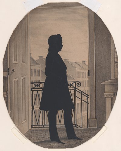 Silhouette eines jungen Mannes vor einem offenen Fenster, nach rechts blickend, vor 1860 von William Henry Brown