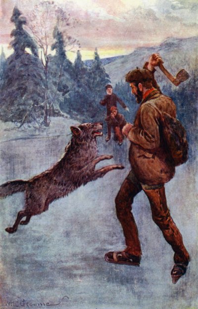 "Er schoss; und das Biest, das gerade zum Sprung ansetzte, fiel um, knurrend und zischend" von William Henry Charles Groome