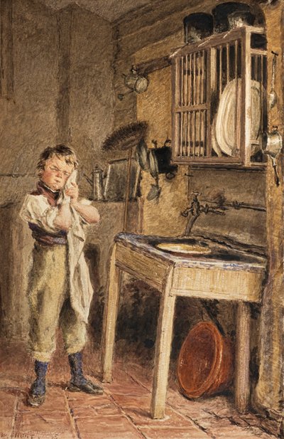 Ein junger Junge wäscht sich am Küchenspülbecken von William Henry Hunt