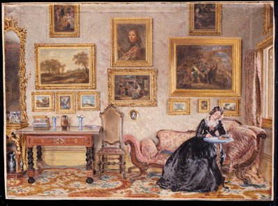 Innenansicht eines Salons mit einer Dame an ihrem Schreibtisch von William Henry Hunt