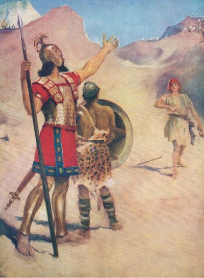 David und Goliath, aus Das Bibelbilderbuch, veröffentlicht von Thomas Nelson, ca. 1950 von William Henry Margetson