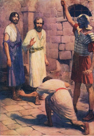 Paulus und Silas im Gefängnis, aus Das Bibelbilderbuch, veröffentlicht von Thomas Nelson, ca. 1950 von William Henry Margetson