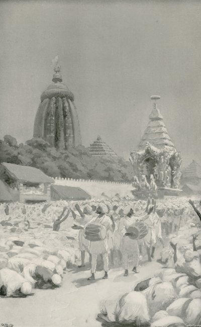 Anbeter, die sich vor dem berühmten Wagen beim Fest von Jagannath niederwerfen von William Henry Margetson
