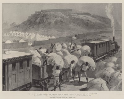Der Vormarsch nach Dongola, das befestigte Lager in Sarras, das einen Hügel am Ufer des Nils krönt von William Heysham Overend