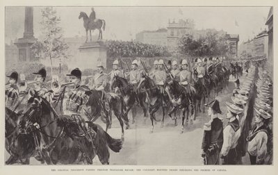 Die Kolonialprozession durchquert den Trafalgar Square, die kanadischen berittenen Truppen vor dem Premierminister von Kanada von William Heysham Overend