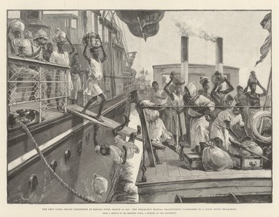 Die Emin-Pascha-Entlastungsexpedition am Banana Point, 18. März 1887, das Dampfschiff Madura überträgt Passagiere auf ein Kongofluss-Dampfschiff von William Heysham Overend