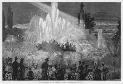 Die Internationale Gesundheitsausstellung bei Nacht: Die beleuchteten Brunnen (Stich) von William Heysham Overend