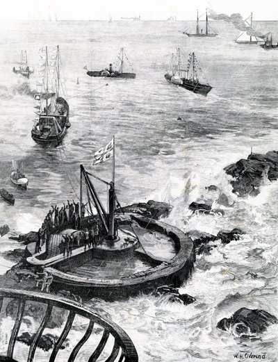 Der Prinz von Wales und der Herzog von Edinburgh legen den Grundstein des neuen Eddystone-Leuchtturms, Illustration aus 