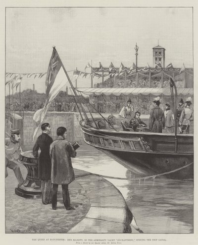Die Königin in Manchester, Ihre Majestät auf der Admiralitätsyacht Enchantress, eröffnet den Schiffskanal von William Heysham Overend