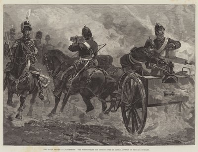 Die königliche Überprüfung in Aldershott, die Nordenfeldt-Kanone eröffnet das Feuer zur Deckung des Vormarsches der 10. Husaren von William Heysham Overend