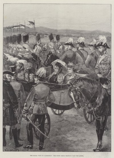 Der königliche Besuch in Aldershot, die Scots Greys traben an der Königin vorbei von William Heysham Overend