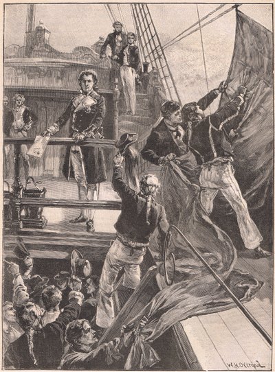 Die Meuterei in Spithead: das Einholen der roten Flagge, 1797 von William Heysham Overend