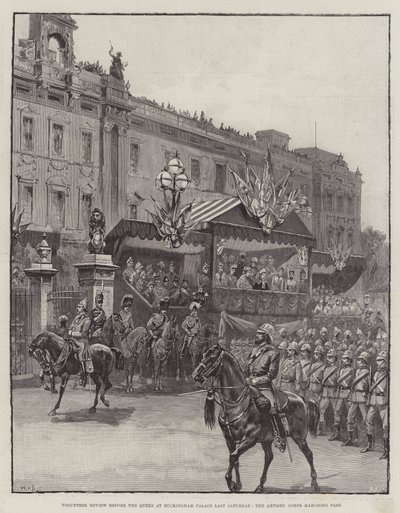 Freiwilligenüberprüfung vor der Königin im Buckingham Palace letzten Samstag, der Künstlerkorps marschiert vorbei von William Heysham Overend