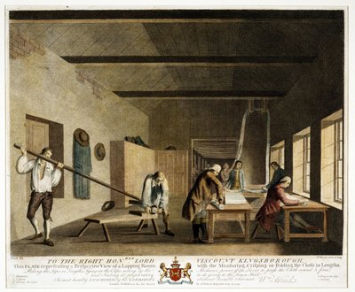 Dem ehrenwerten Lord Viscount Kingsborough... diese Platte, die eine perspektivische Ansicht eines Lappenzimmers darstellt, mit dem Messen, Kräuseln oder Falten des Stoffes in Längen, Platte XI, Die Leinenmanufaktur von William Hincks