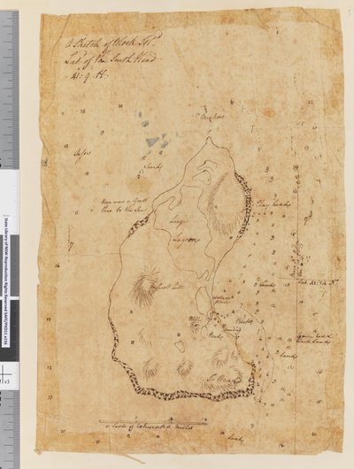 Seite 37a Eine Skizze von Block Island, Breite des Südlichen Kopfes 41: 9 N von William Hodges