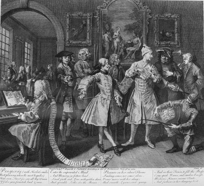 Der Lebensweg eines Wüstlings, Platte 2, Umgeben von Künstlern und Professoren von William Hogarth