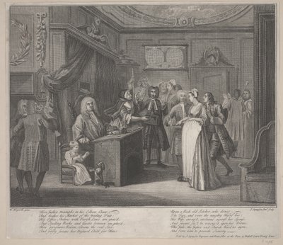 Eine Frau schwört ein Kind einem ehrenwerten Bürger zu, ca. 1730-35 von William Hogarth