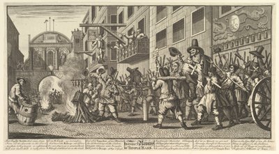 Verbrennung der Rümpfe am Temple Bar Zwölf große Illustrationen für Samuel Butlers Hudibra..., 1725-68 von William Hogarth