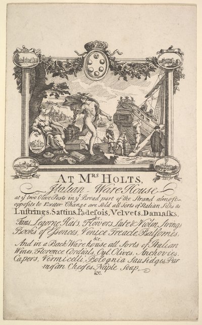Ladenkarte für Mrs. Holts italienisches Lager, 1720-72 von William Hogarth