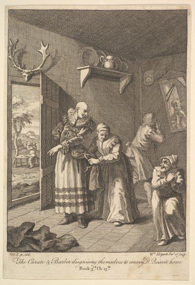 Der Pfarrer und der Barbier verkleiden sich, um Don Quixote nach Hause zu bringen von William Hogarth