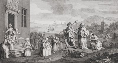 Die Findelkinder, graviert von F. Morellon La Cave von William Hogarth